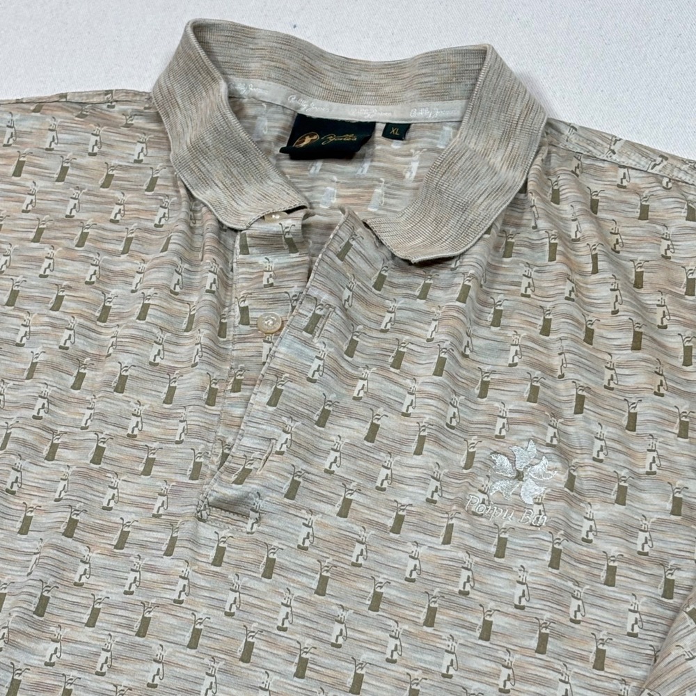 Bobby Jones Mens XL Tan Golf Bag Print Polo Shirt Poipu Bay Embroidered Logo